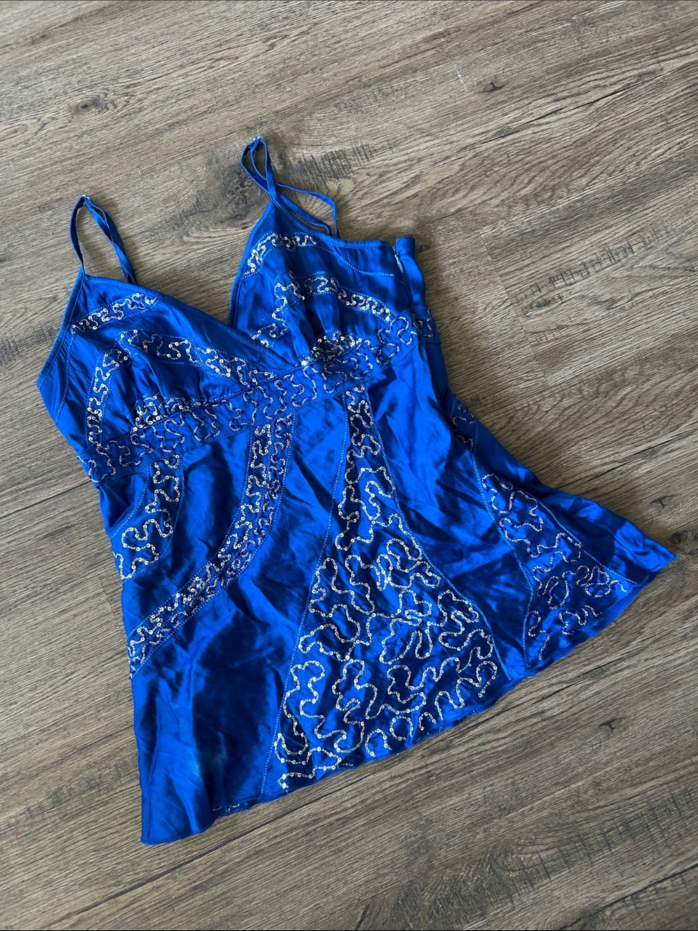 Bebe|Y2K Rare Cobalt Blue Silk Beaded Spaghetti Strap Embellished Top sz XS